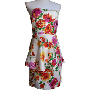 BETSEY JOHNSON Ivory Floral Print Back Zip Peplum Dress Size 4